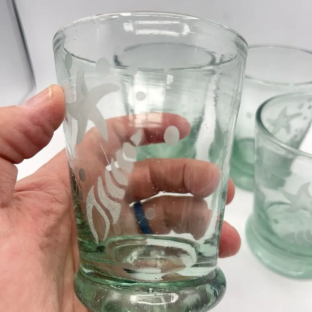 Set Of 4 Hand Blown Green Glass Etched Starfish Shell 8 oz 4” Heavyweight Bottom